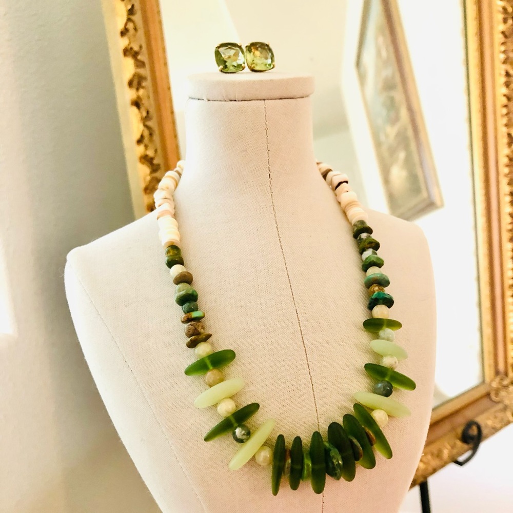 Vintage Beach Glass Stone Necklace & Green Crystal Ea… Gem